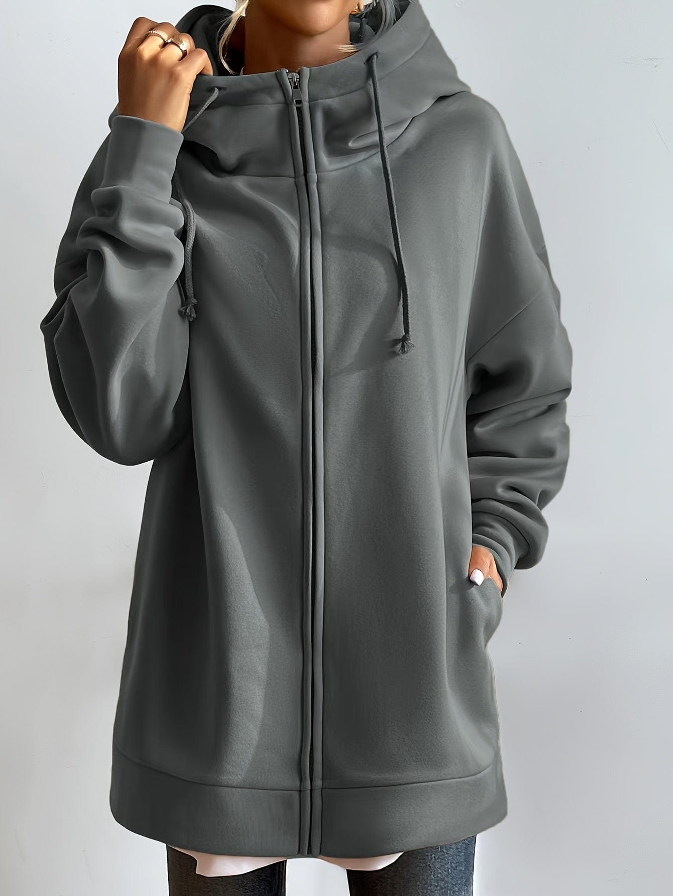 Solid Zipper Long Sleeve Drawstring Hooded Sporty Hoodie