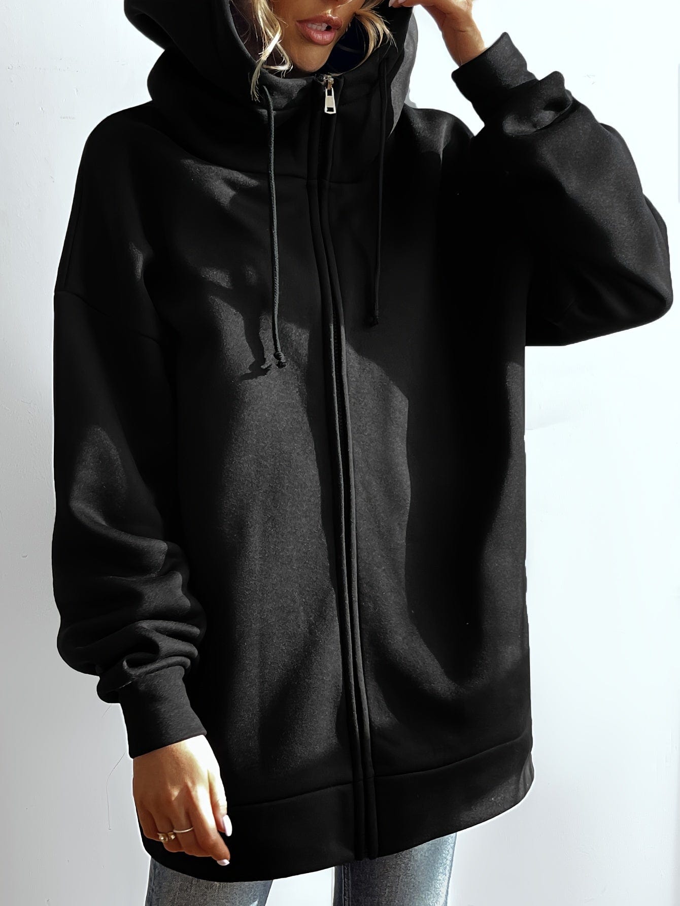 Solid Zipper Long Sleeve Drawstring Hooded Sporty Hoodie