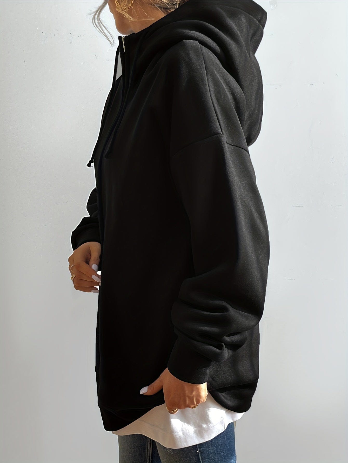 Solid Zipper Long Sleeve Drawstring Hooded Sporty Hoodie