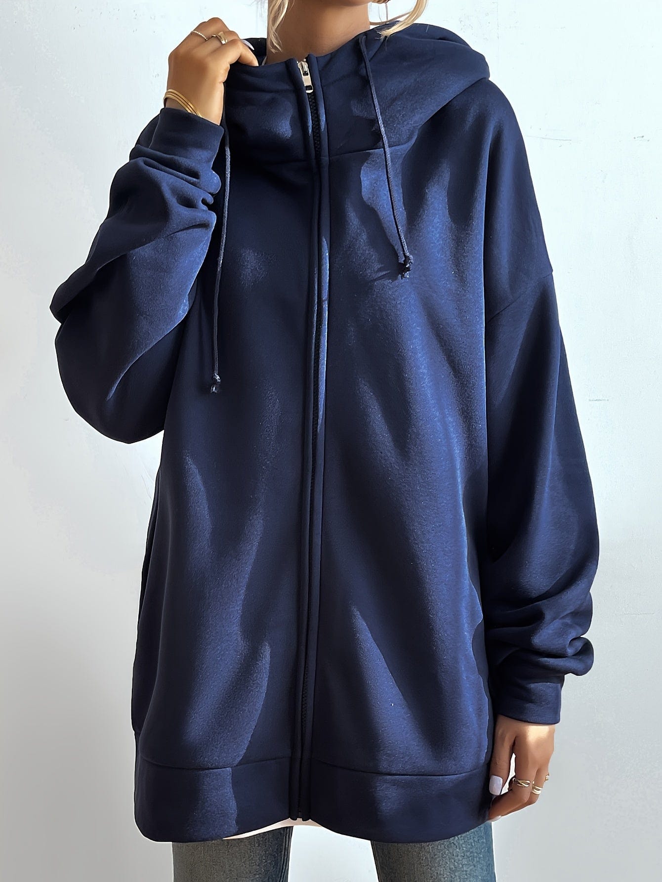 Solid Zipper Long Sleeve Drawstring Hooded Sporty Hoodie