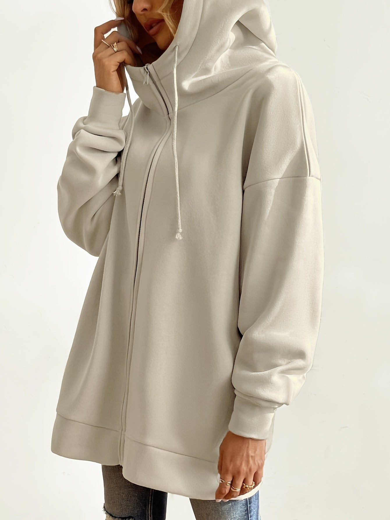 Solid Zipper Long Sleeve Drawstring Hooded Sporty Hoodie