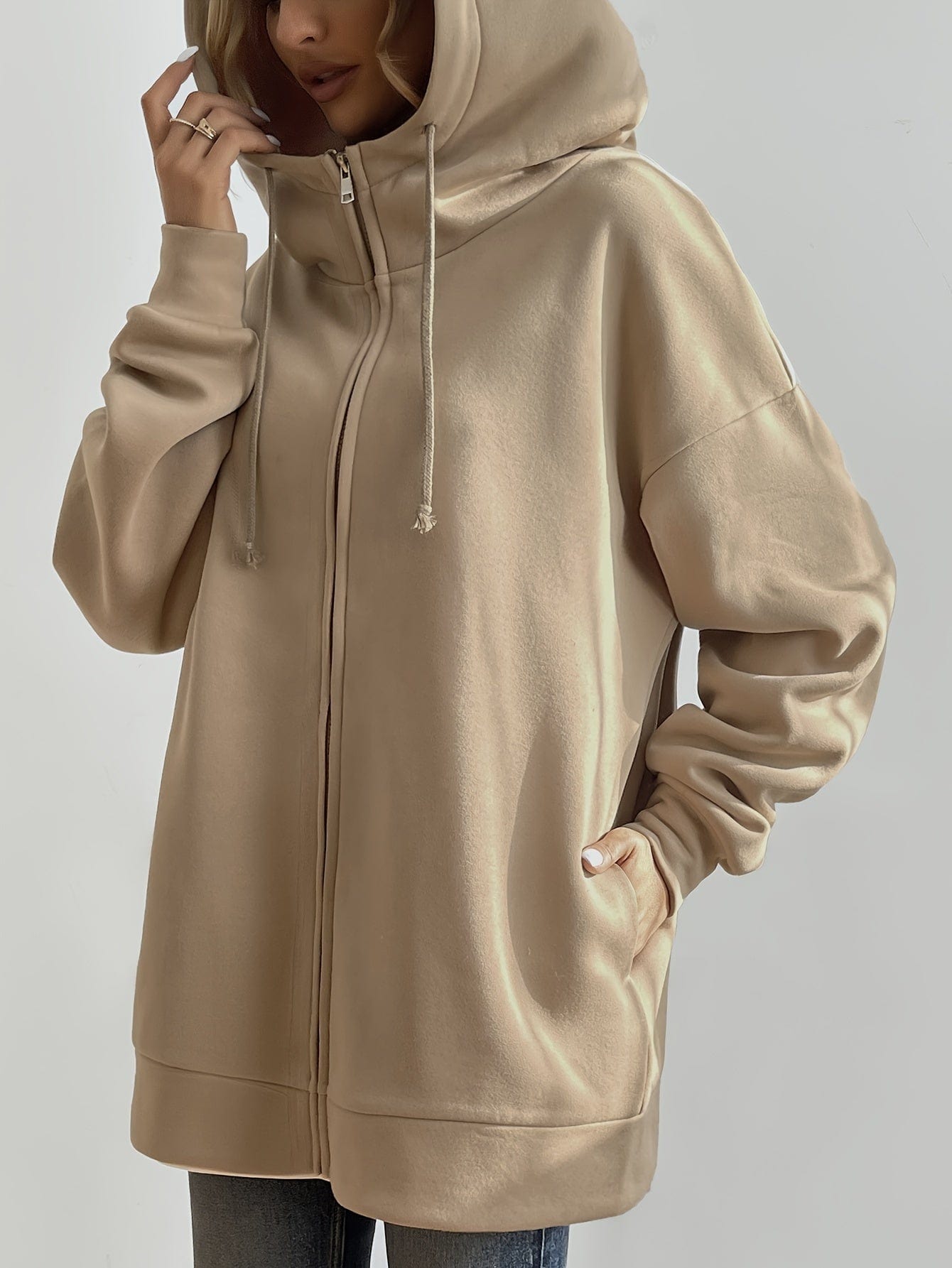 Solid Zipper Long Sleeve Drawstring Hooded Sporty Hoodie