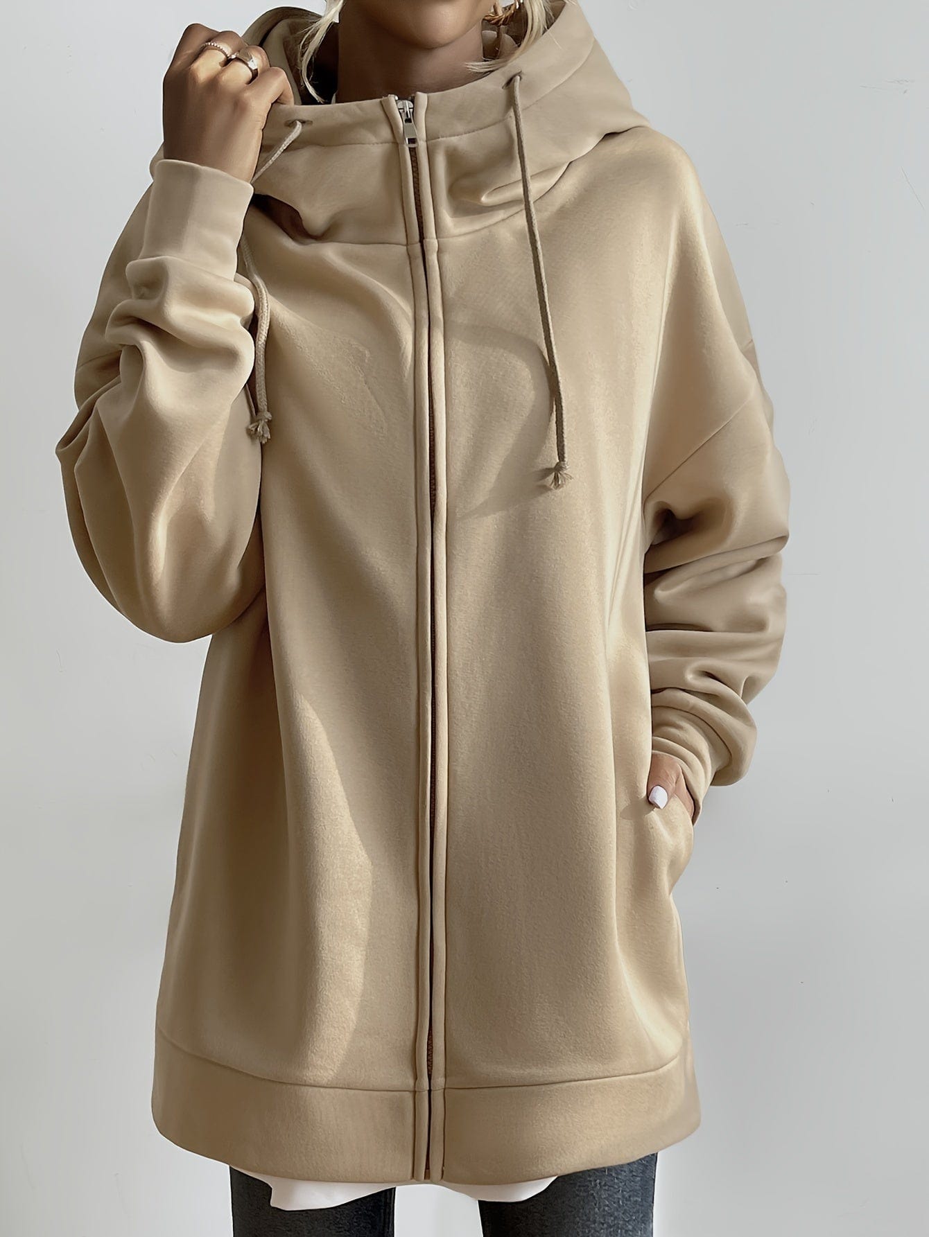 Solid Zipper Long Sleeve Drawstring Hooded Sporty Hoodie