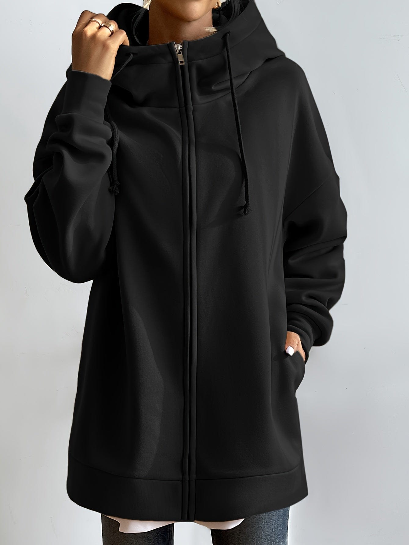 Solid Zipper Long Sleeve Drawstring Hooded Sporty Hoodie
