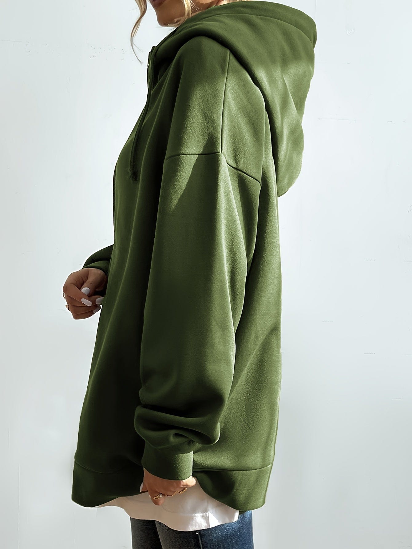 Solid Zipper Long Sleeve Drawstring Hooded Sporty Hoodie