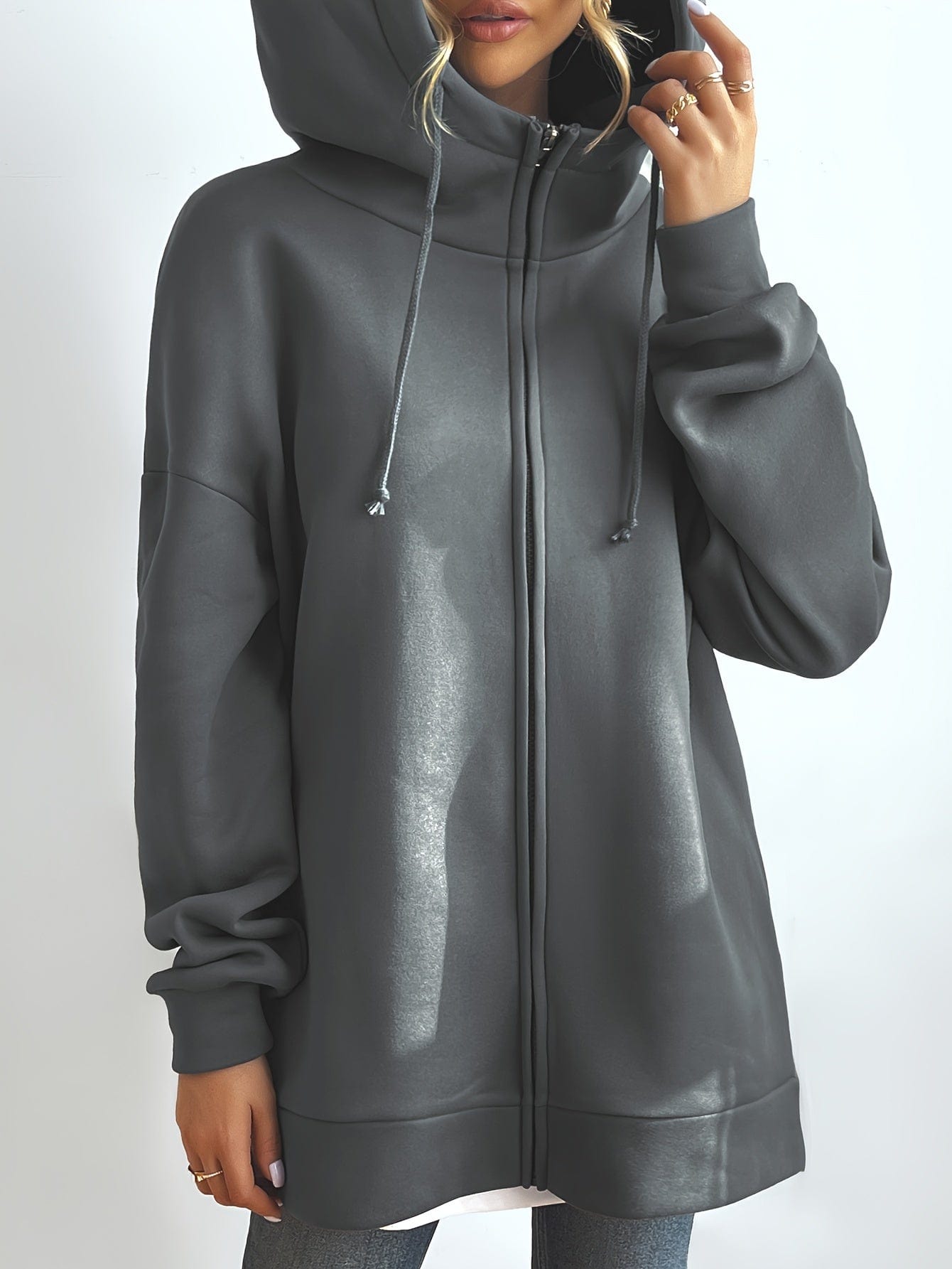 Solid Zipper Long Sleeve Drawstring Hooded Sporty Hoodie