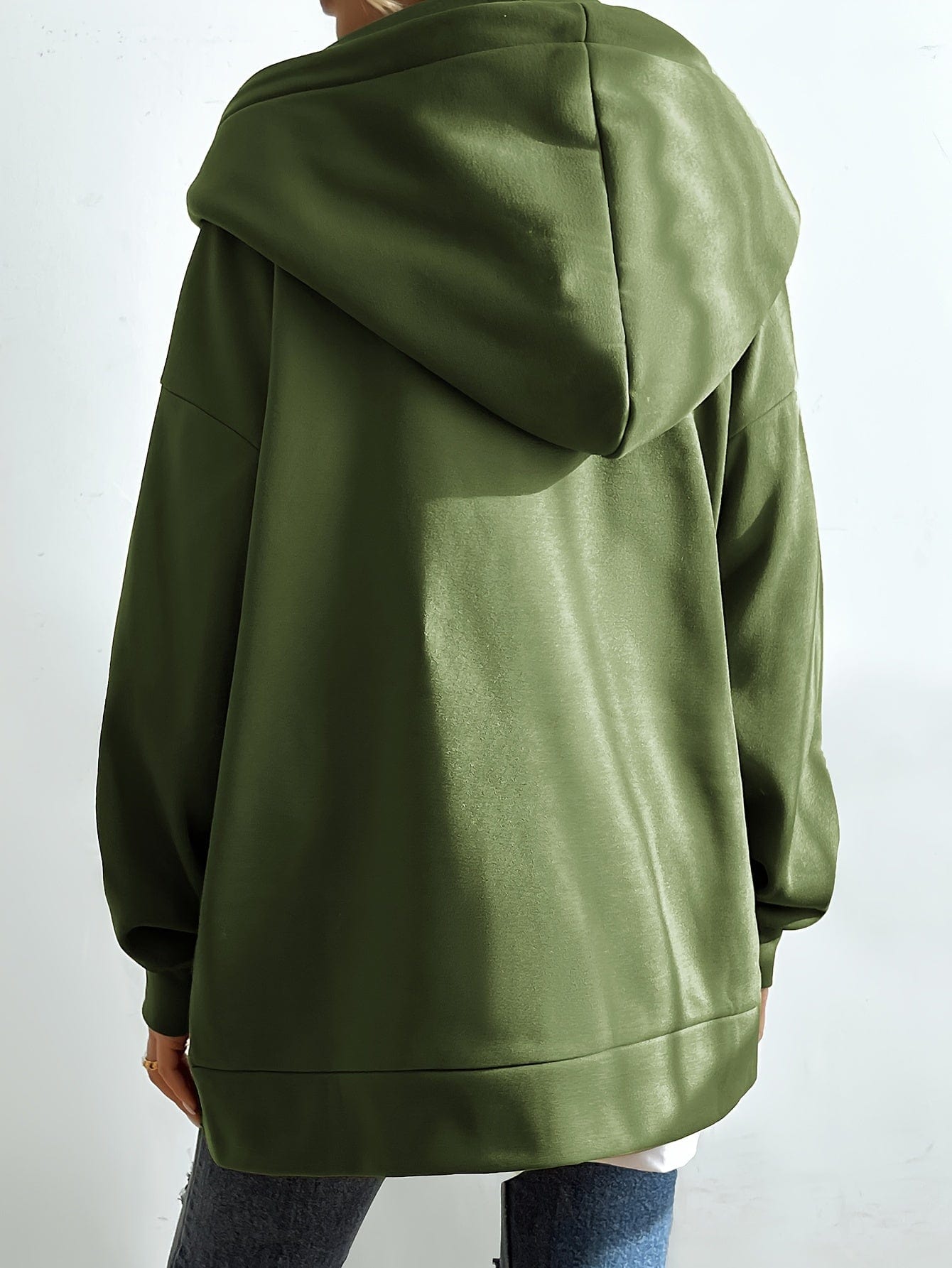 Solid Zipper Long Sleeve Drawstring Hooded Sporty Hoodie