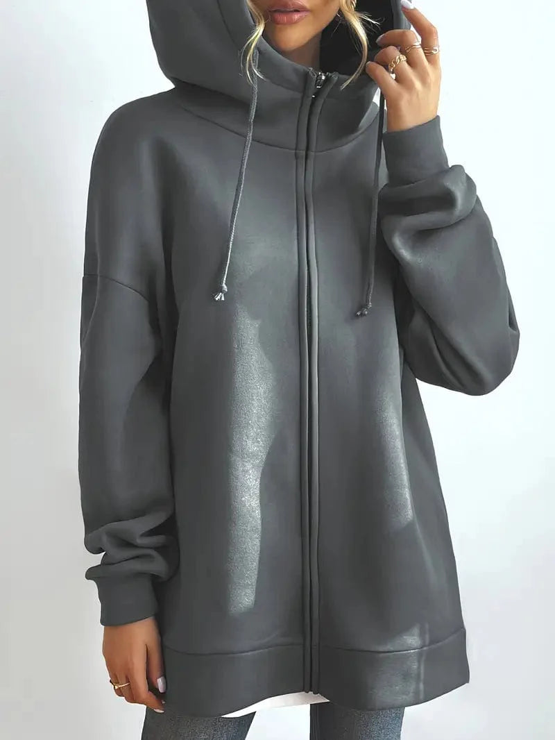 Solid Zipper Long Sleeve Drawstring Sports Hoodie