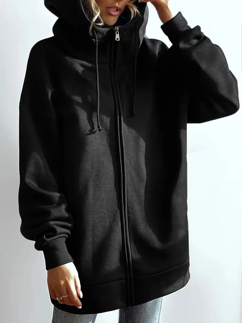 Solid Zipper Long Sleeve Drawstring Sports Hoodie