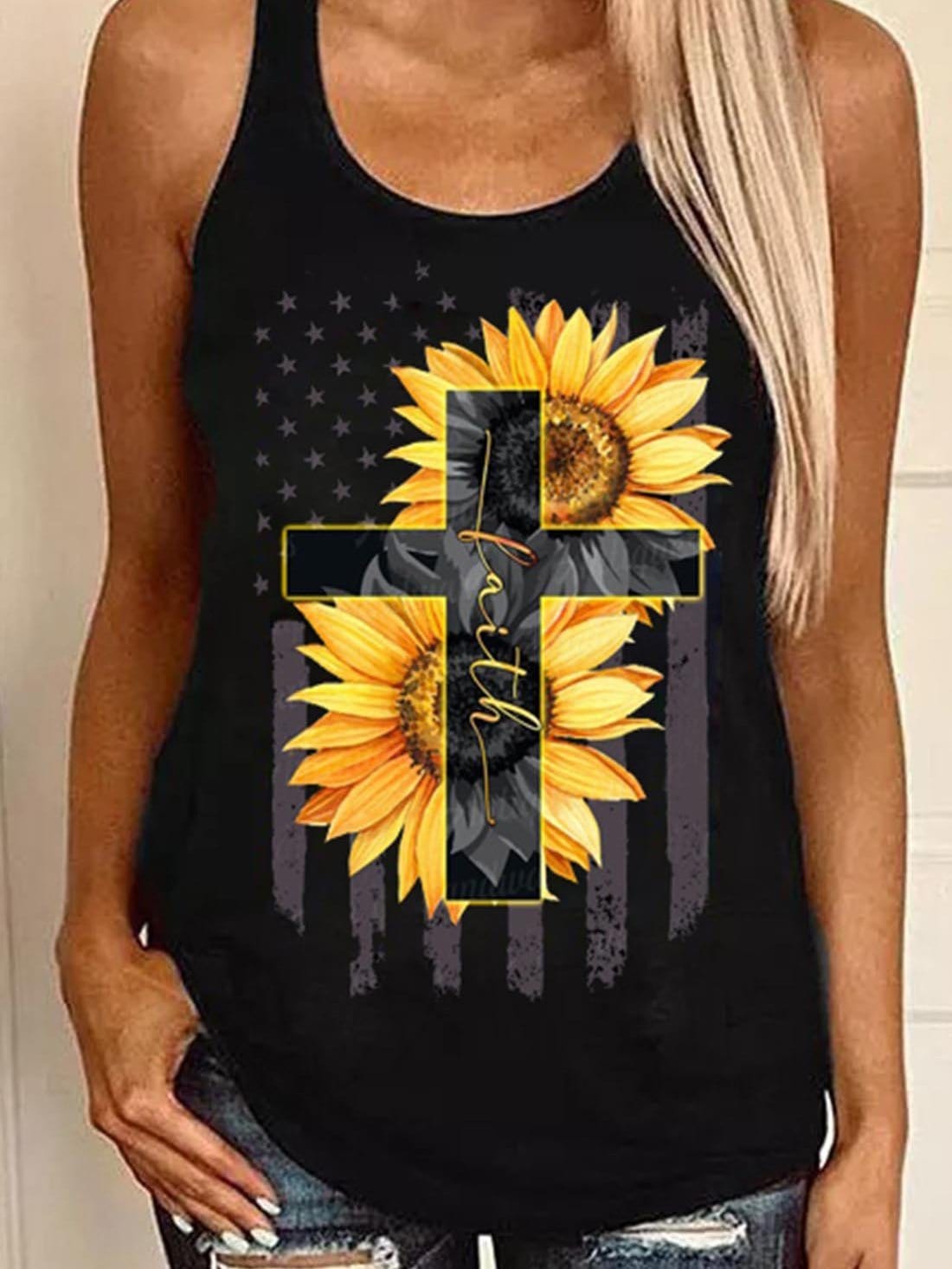 Sleeveless Sunflower Cross Print Tank Top