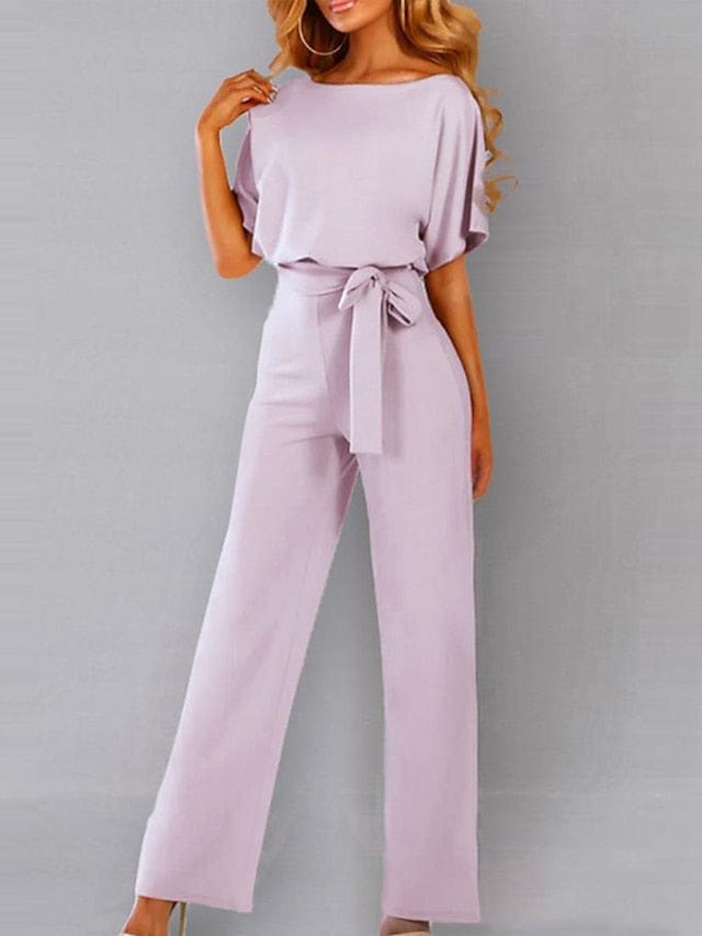Stylish Women's Belted Wide Leg Jumpsuit With Short Sleeves