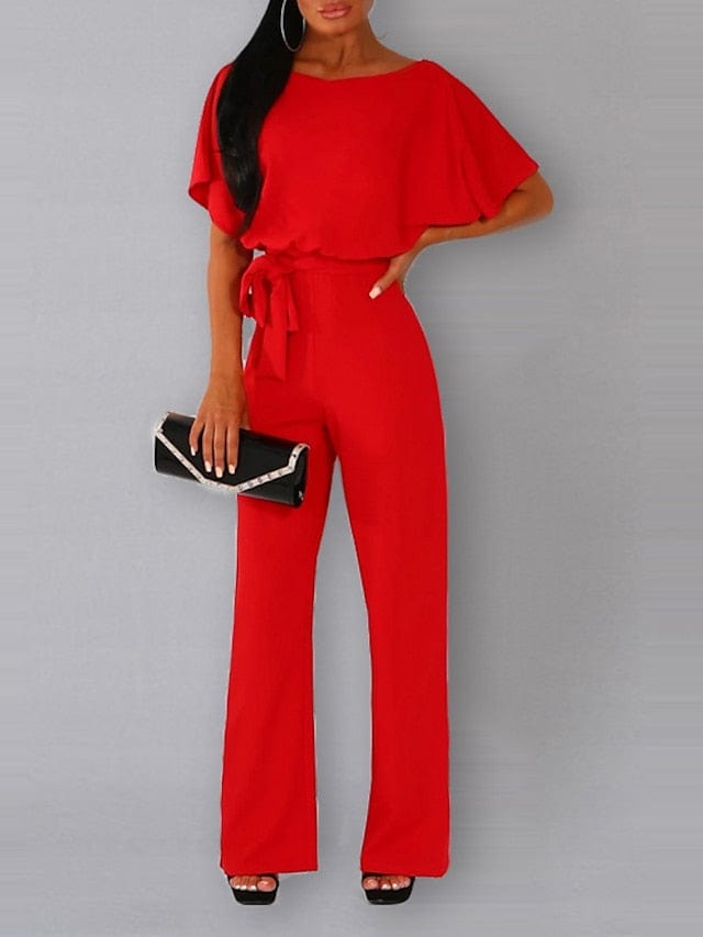 Stylish Women's Belted Wide Leg Jumpsuit With Short Sleeves