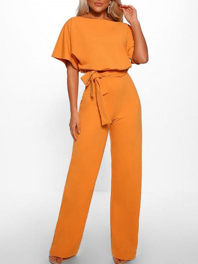 Stylish Women's Belted Wide Leg Jumpsuit With Short Sleeves