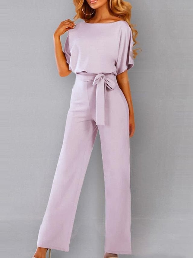 Stylish Women's Belted Wide Leg Jumpsuit With Short Sleeves