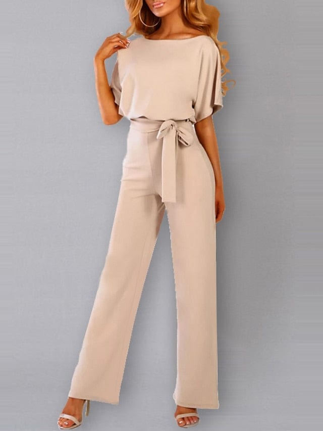 Stylish Women's Belted Wide Leg Jumpsuit With Short Sleeves