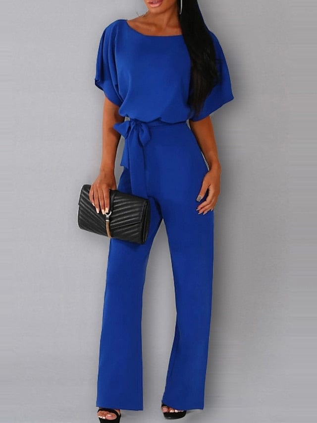 Stylish Women's Belted Wide Leg Jumpsuit With Short Sleeves