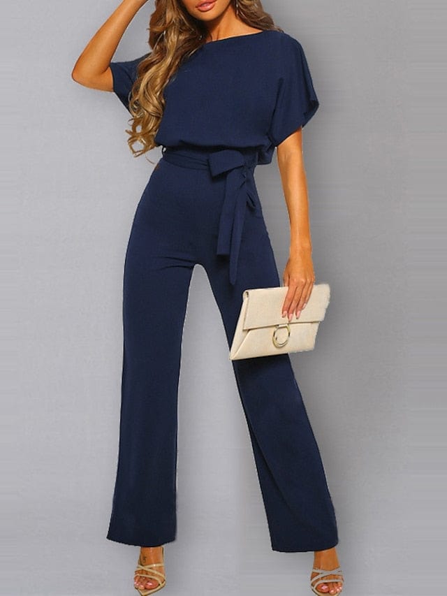 Stylish Women's Belted Wide Leg Jumpsuit With Short Sleeves
