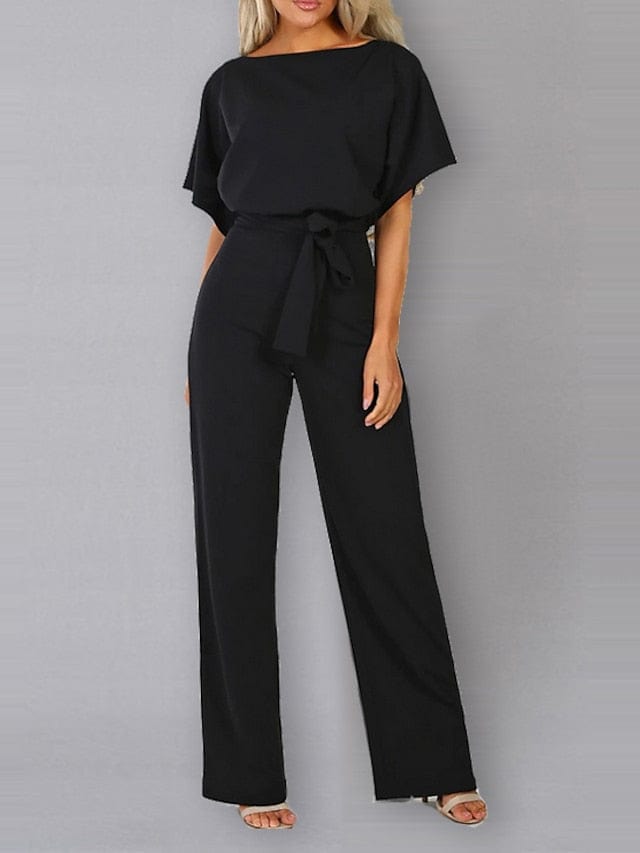 Stylish Women's Belted Wide Leg Jumpsuit With Short Sleeves