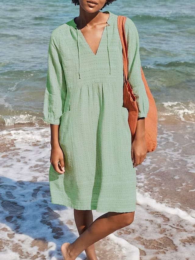 Stylish Women's Cotton Linen Midi Dress with V Neck and Ruched Pockets
