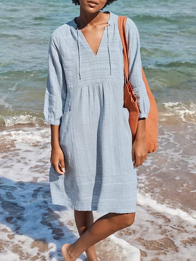 Stylish Women's Cotton Linen Midi Dress with V Neck and Ruched Pockets
