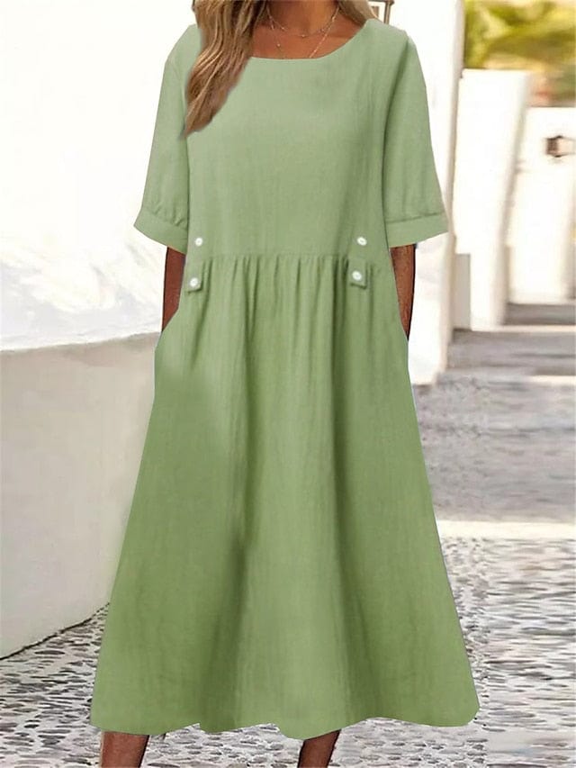 Fashionable Women's Cotton Linen Midi Dress with Ruched Crew Neck - Casual and Chic Outdoor Essential