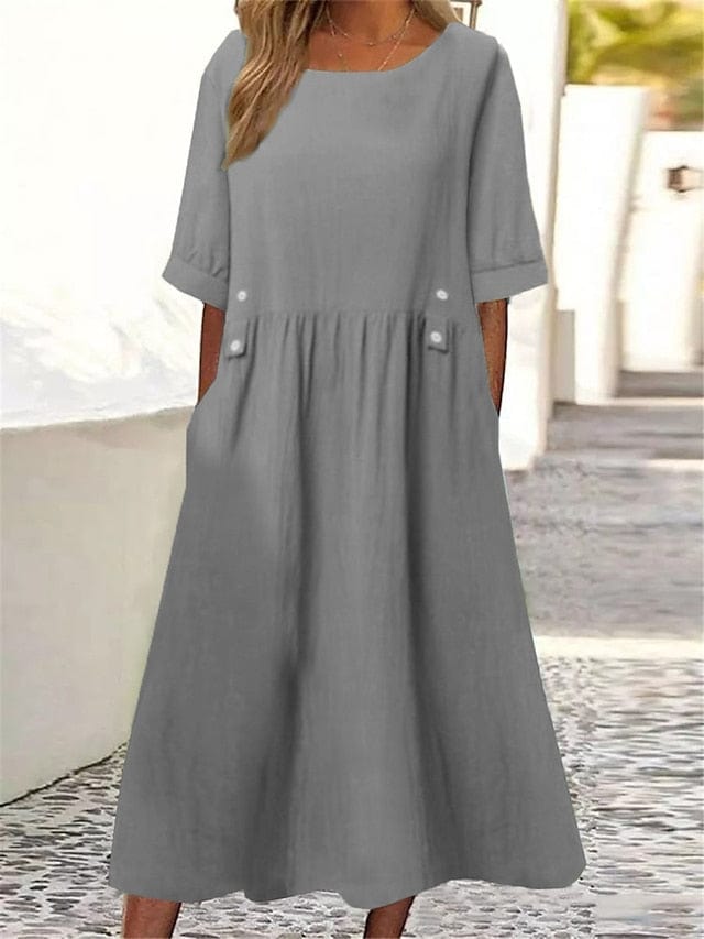 Fashionable Women's Cotton Linen Midi Dress with Ruched Crew Neck - Casual and Chic Outdoor Essential