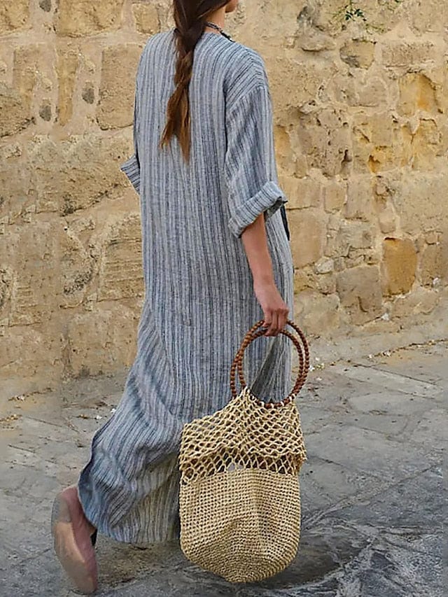 Versatile Women's Maxi Linen Dress with Tartan Print