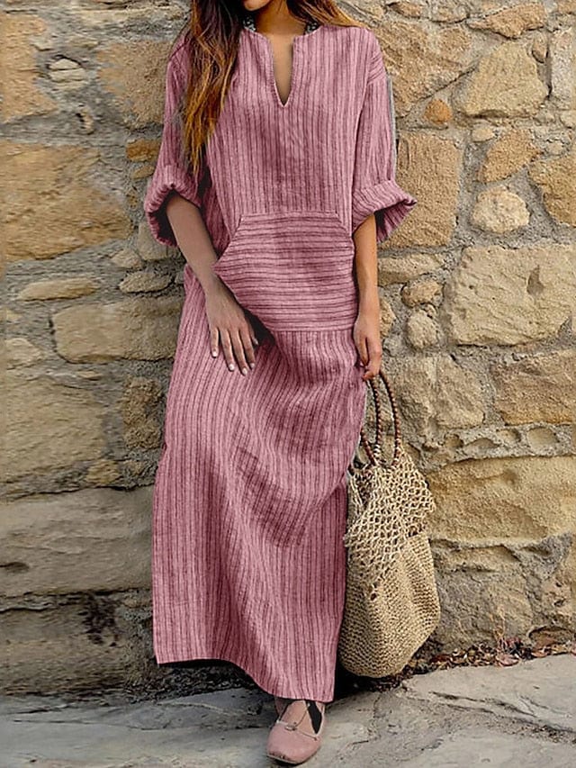 Versatile Women's Maxi Linen Dress with Tartan Print
