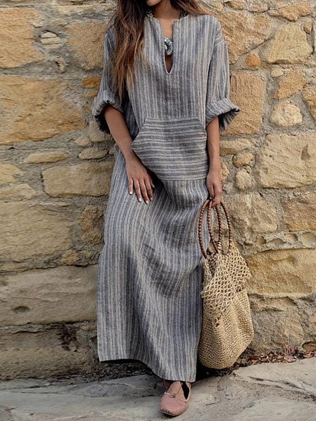 Versatile Women's Maxi Linen Dress with Tartan Print