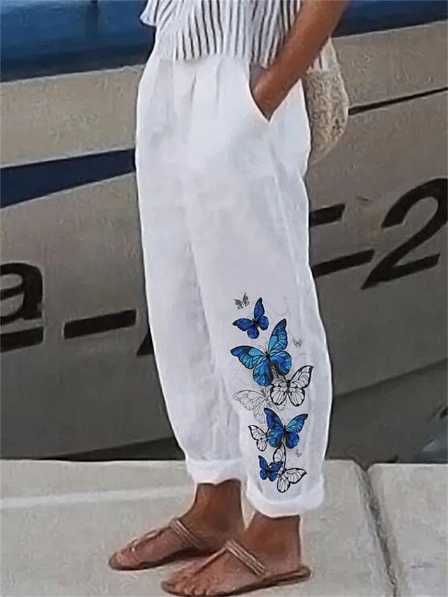 Daily Casual Linen Trousers with Butterfly Print