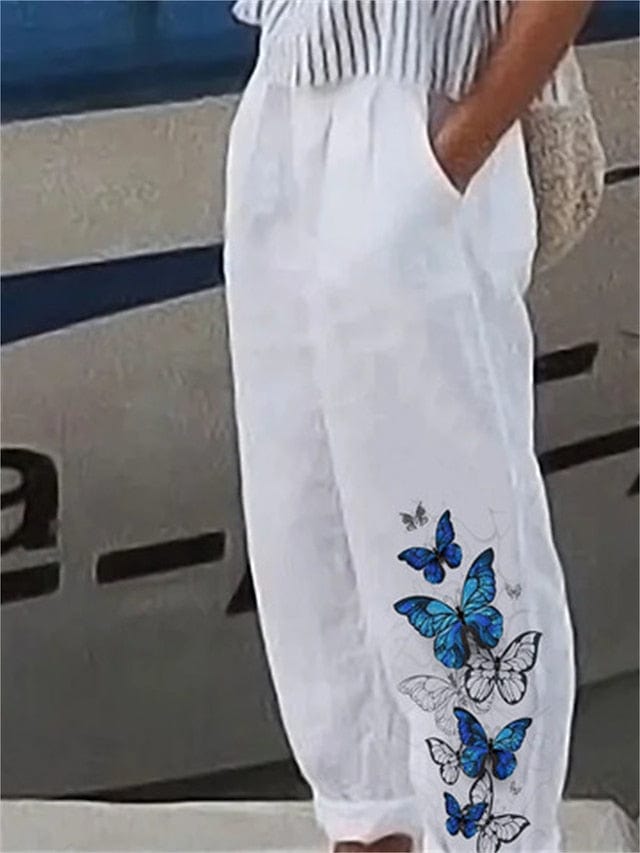 Daily Casual Linen Trousers with Butterfly Print