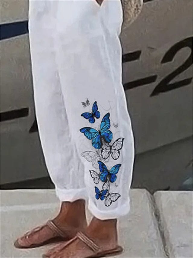 Daily Casual Linen Trousers with Butterfly Print