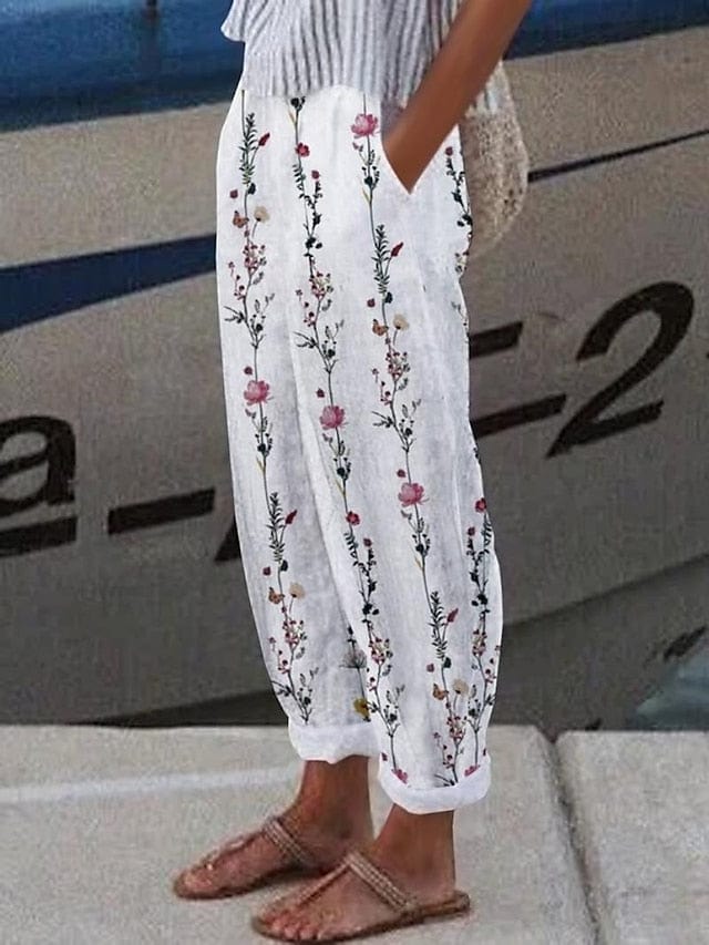 Daily Casual Linen Trousers with Butterfly Print