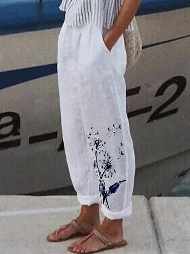 Daily Casual Linen Trousers with Butterfly Print