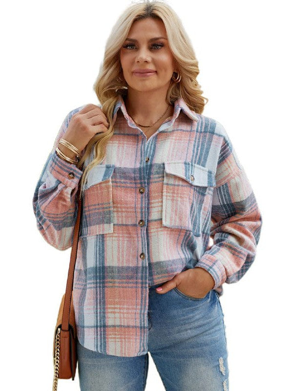 Plaid Lapel Coat Loose Shirt for Women with Lazy Style Long Sleeve Top