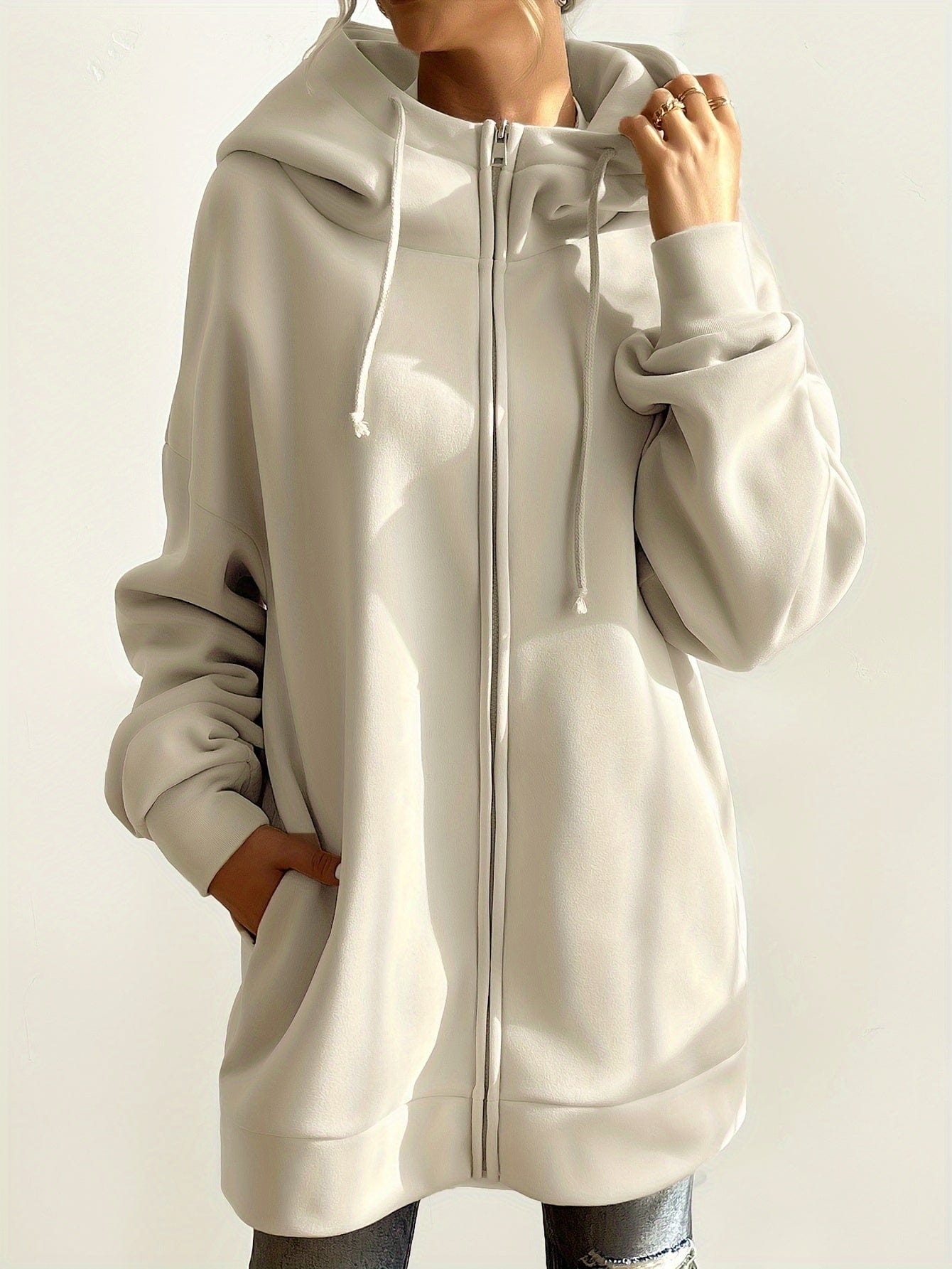 Solid Zipper Long Sleeve Drawstring Hooded Sporty Hoodie