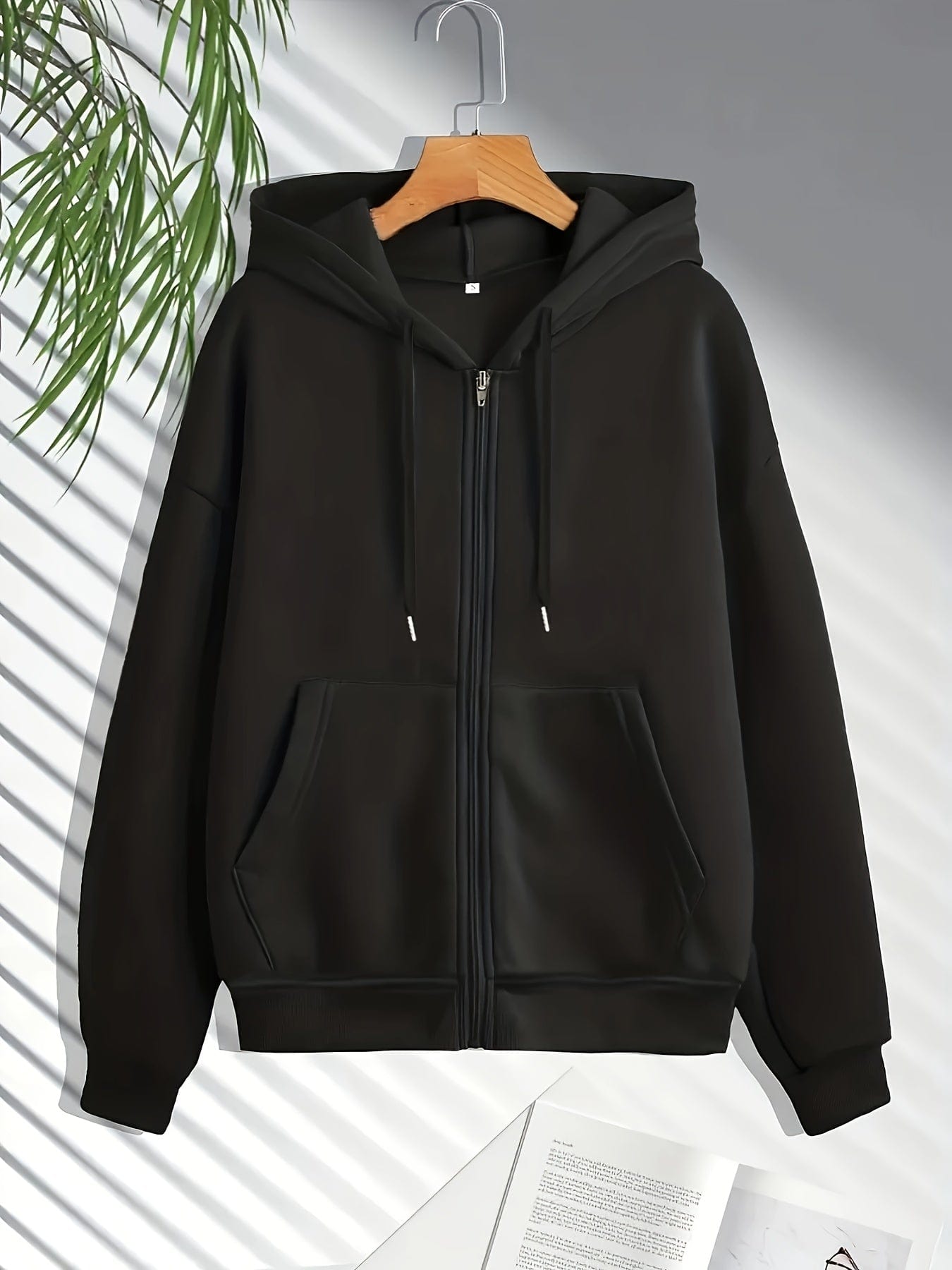 Sporty Solid Long Sleeve Zip Up Drawstring Hoodie