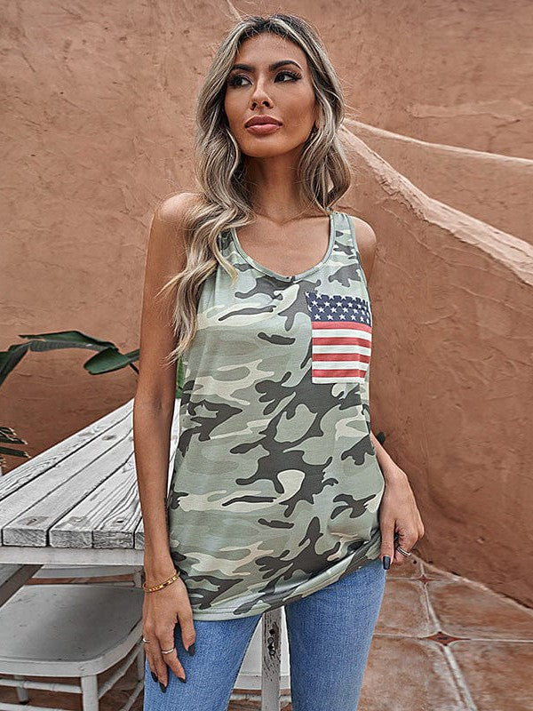 Stylish Printed Sleeveless Vest Top with Camouflage Design