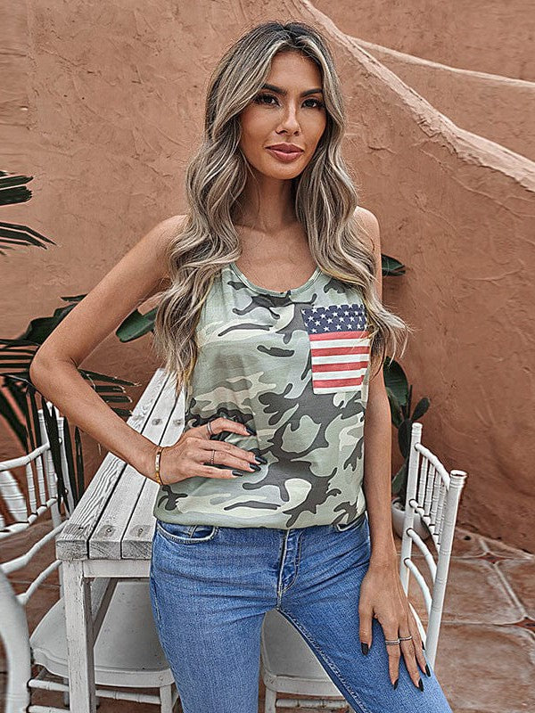 Stylish Printed Sleeveless Vest Top with Camouflage Design