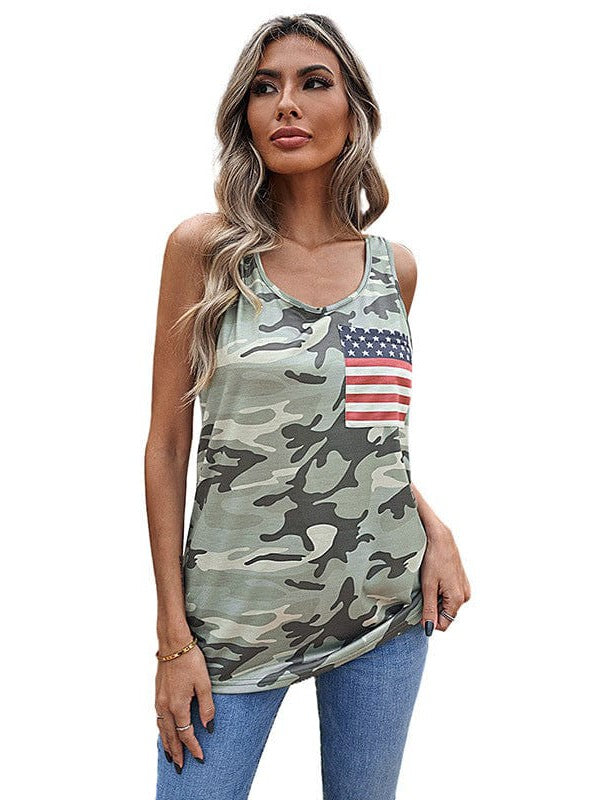 Stylish Printed Sleeveless Vest Top with Camouflage Design