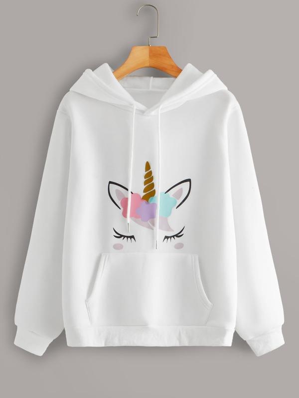 Unicorn Design Kangaroo Pocket Drawstring Hoodie