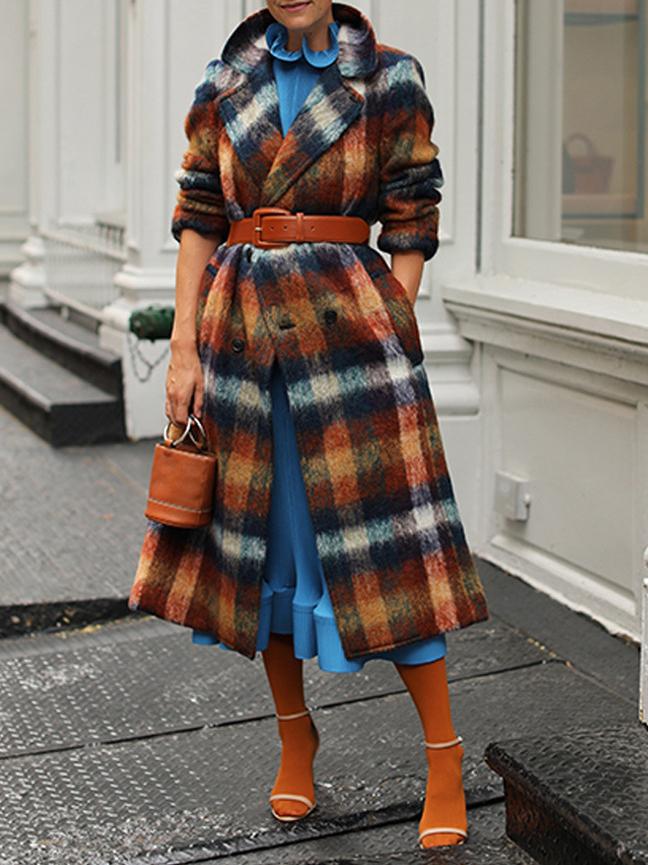 Women's Coats Plaid Lapel Double-Breasted Woolen Long Coat