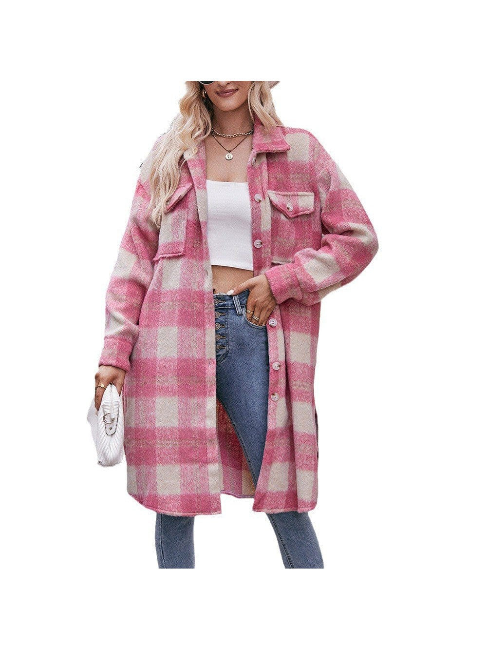 Women's long woolen coat with plaid coat