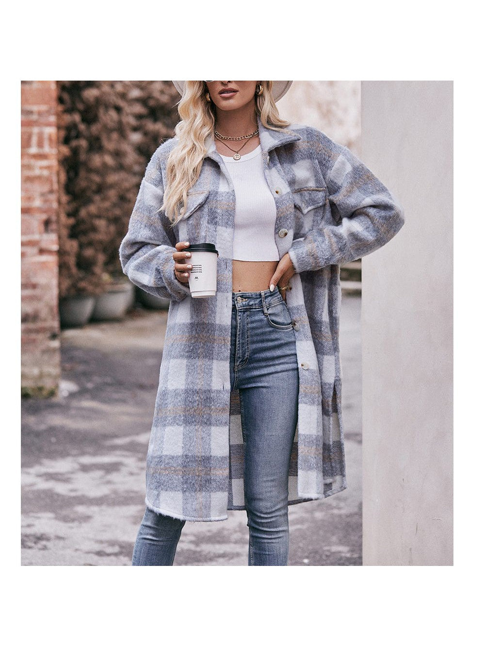 Women's long woolen coat with plaid coat