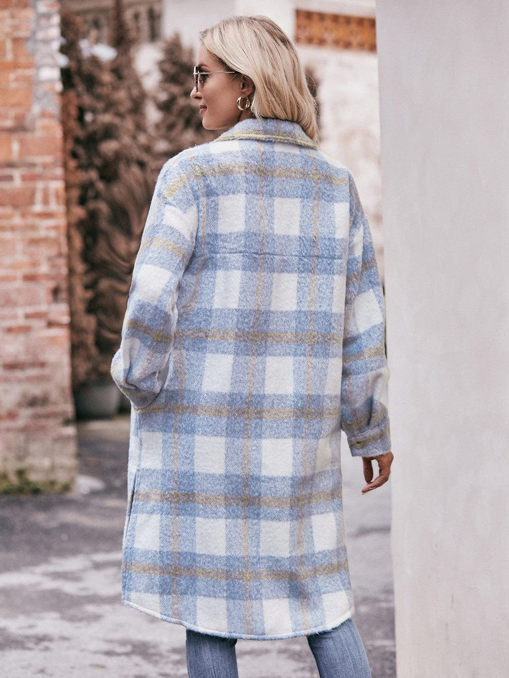Women's long woolen coat with plaid coat