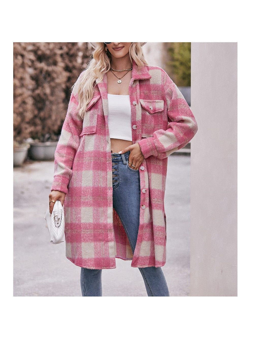 Women's long woolen coat with plaid coat