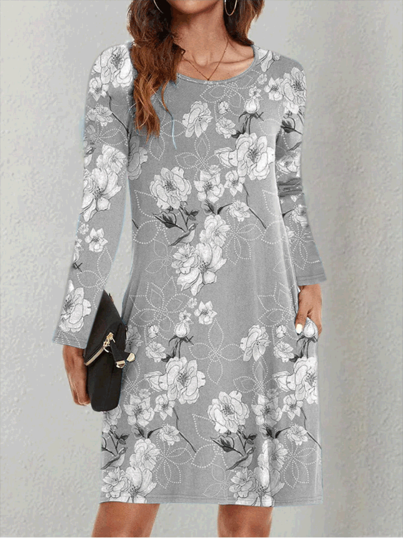 Stylish Long Sleeve Printed Dress with Pockets