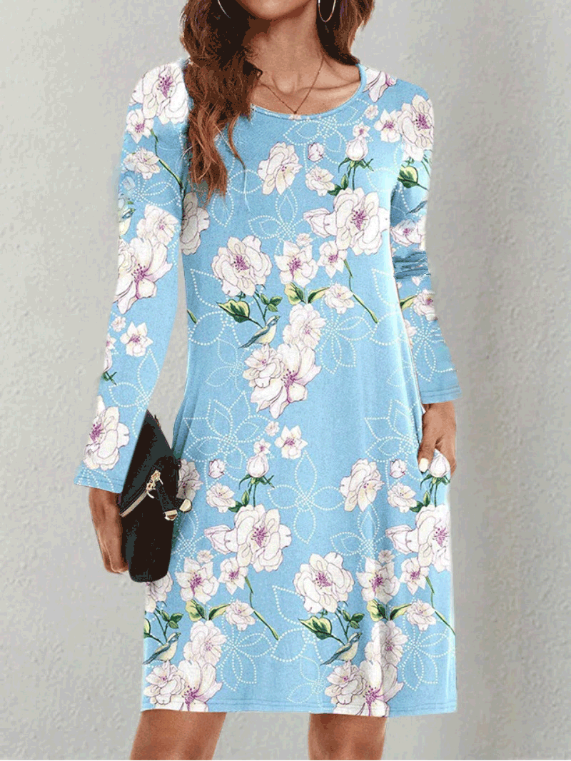 Stylish Long Sleeve Printed Dress with Pockets
