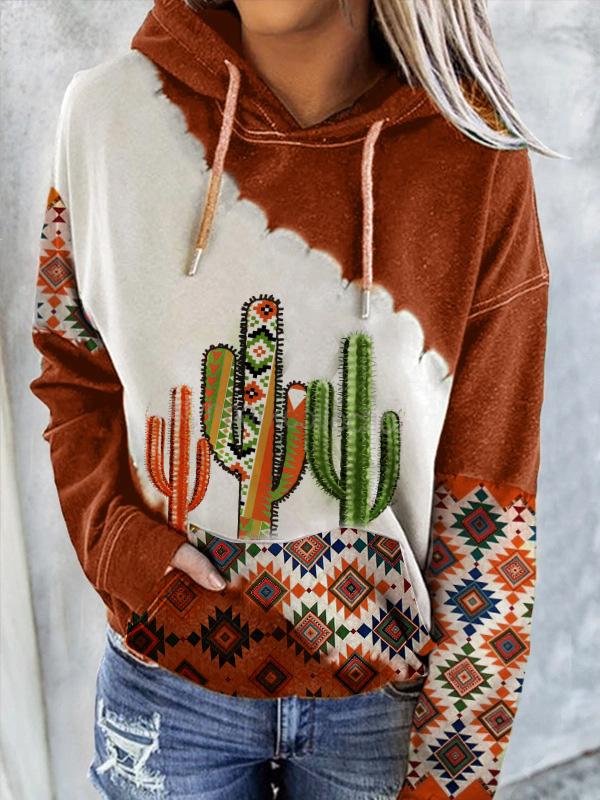 Cozy Cactus Print Pocket Long Sleeve Hoodie
