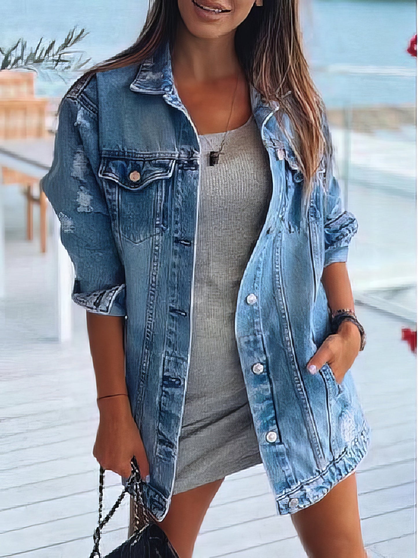 Stylish Ripped Denim Jacket with Lapel Pocket